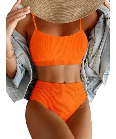 High Waisted Tummy Control Ribbed Bikini Crop Top Brazilian Swimsuit Set 2 Piece Solid Color Bright Orange $11.25 Swimsuits