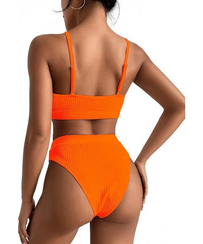 High Waisted Tummy Control Ribbed Bikini Crop Top Brazilian Swimsuit Set 2 Piece Solid Color Bright Orange $11.25 Swimsuits