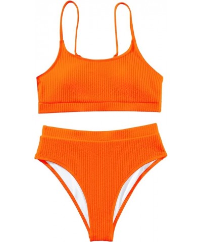 High Waisted Tummy Control Ribbed Bikini Crop Top Brazilian Swimsuit Set 2 Piece Solid Color Bright Orange $11.25 Swimsuits