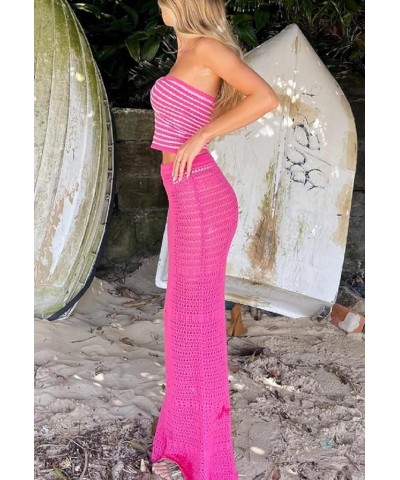 Women Crochet 2 Piece Outfits Crochet Hollow Out Skirt Set Slim Crop Top High Waist Split Maxi Skirt Knit Beach Set F-pink $1...