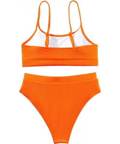 High Waisted Tummy Control Ribbed Bikini Crop Top Brazilian Swimsuit Set 2 Piece Solid Color Bright Orange $11.25 Swimsuits