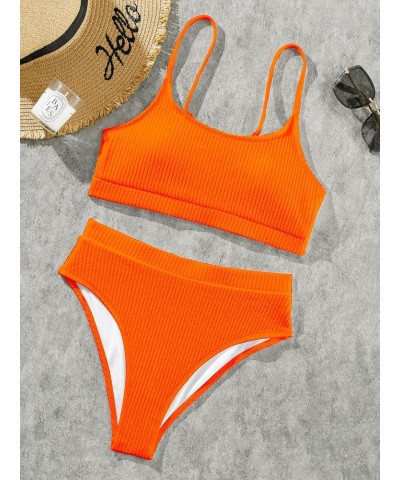 High Waisted Tummy Control Ribbed Bikini Crop Top Brazilian Swimsuit Set 2 Piece Solid Color Bright Orange $11.25 Swimsuits