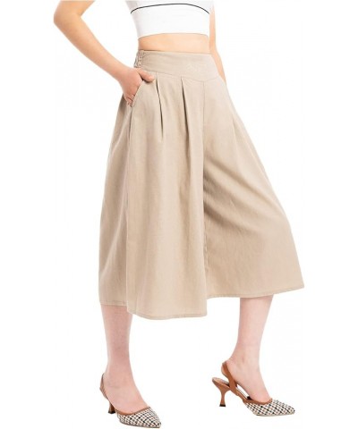 Women's Baggy Linen Wide Leg Palazzo Capris Pull On Embriodered Solid Summer Beach Cropped Culottes Pants Pocketed Khaki $15....