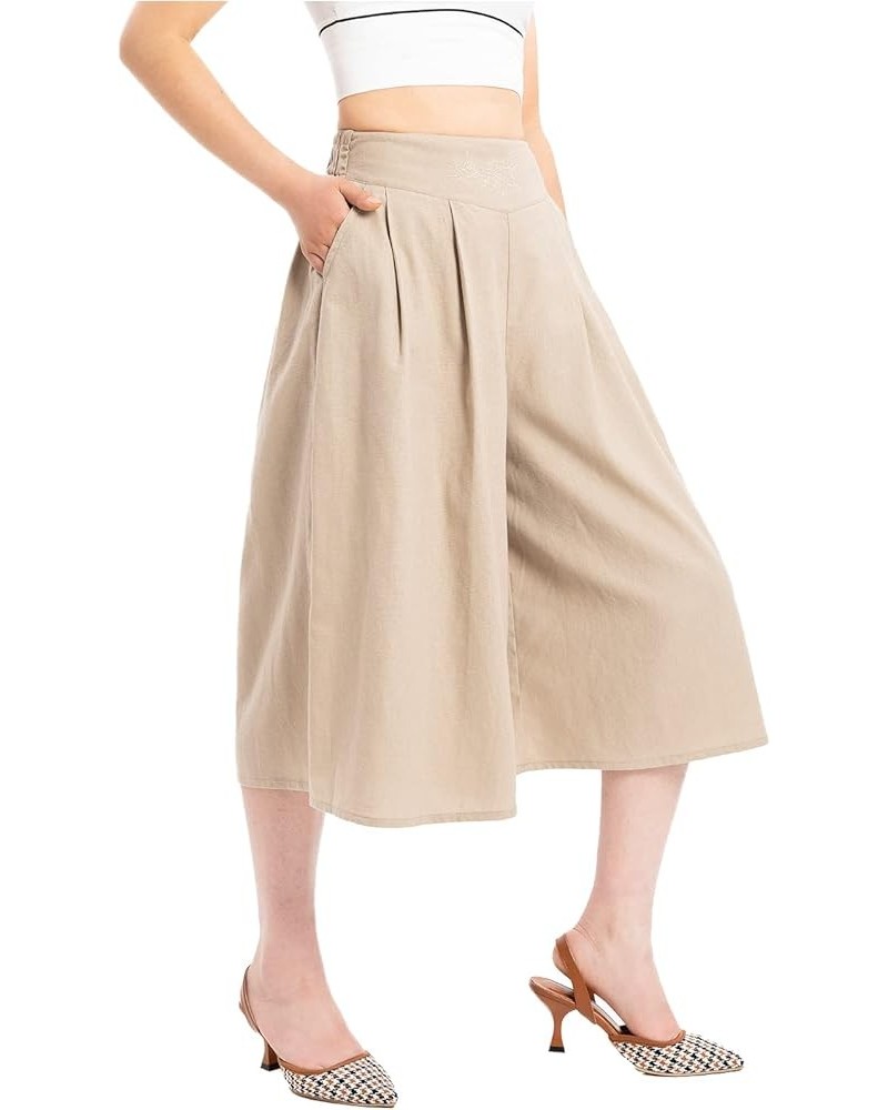 Women's Baggy Linen Wide Leg Palazzo Capris Pull On Embriodered Solid Summer Beach Cropped Culottes Pants Pocketed Khaki $15....