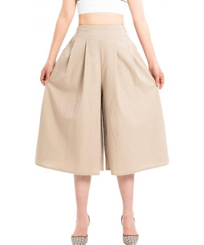 Women's Baggy Linen Wide Leg Palazzo Capris Pull On Embriodered Solid Summer Beach Cropped Culottes Pants Pocketed Khaki $15....