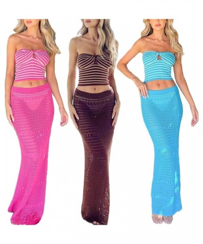 Women Crochet 2 Piece Outfits Crochet Hollow Out Skirt Set Slim Crop Top High Waist Split Maxi Skirt Knit Beach Set F-pink $1...