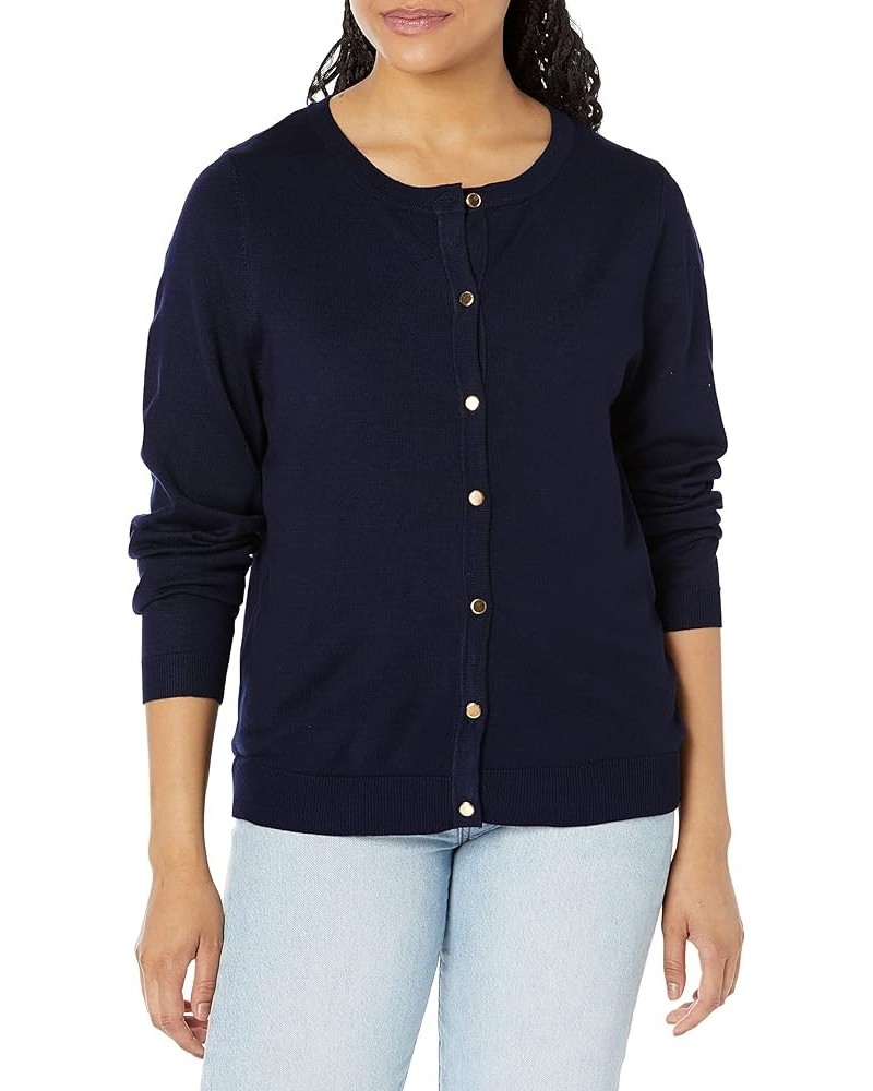 Women's Crewneck Long Sleeve Button Down Classic Solid Color Sweater Knit Cardigan Soft Navy $17.50 Sweaters