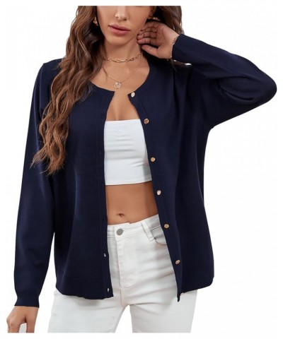 Women's Crewneck Long Sleeve Button Down Classic Solid Color Sweater Knit Cardigan Soft Navy $17.50 Sweaters