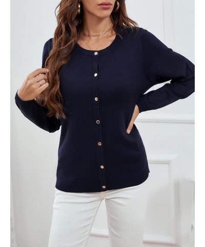 Women's Crewneck Long Sleeve Button Down Classic Solid Color Sweater Knit Cardigan Soft Navy $17.50 Sweaters