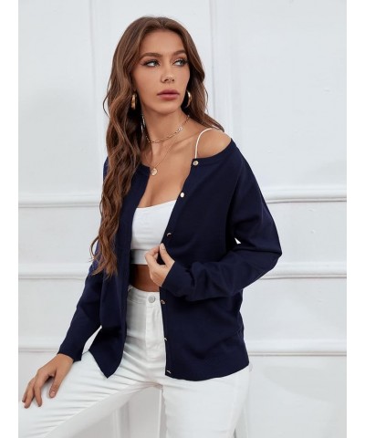 Women's Crewneck Long Sleeve Button Down Classic Solid Color Sweater Knit Cardigan Soft Navy $17.50 Sweaters