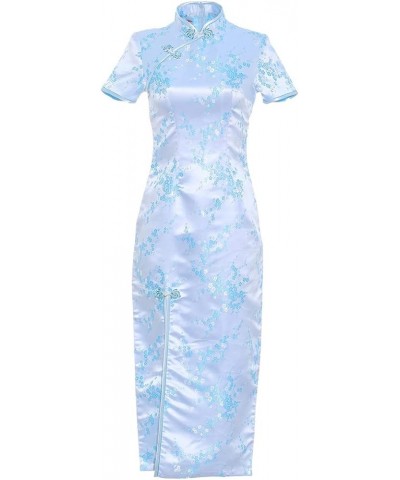 Short Sleeve Long Qipao Brocade Chinese Traditional Cheongsam Dress for Womens Plum Blossom Embroidery Sky Blue $14.28 Dresses