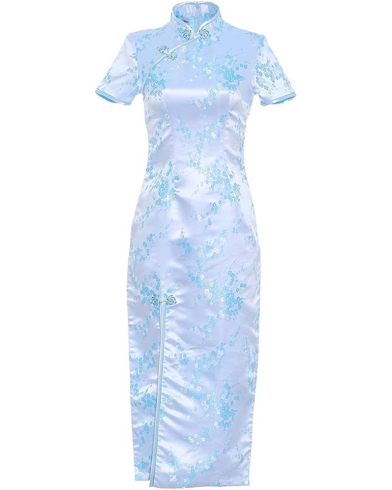 Short Sleeve Long Qipao Brocade Chinese Traditional Cheongsam Dress for Womens Plum Blossom Embroidery Sky Blue $14.28 Dresses