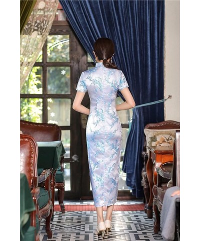 Short Sleeve Long Qipao Brocade Chinese Traditional Cheongsam Dress for Womens Plum Blossom Embroidery Sky Blue $14.28 Dresses