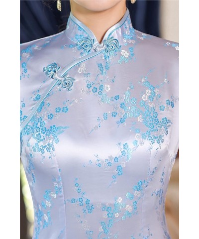 Short Sleeve Long Qipao Brocade Chinese Traditional Cheongsam Dress for Womens Plum Blossom Embroidery Sky Blue $14.28 Dresses