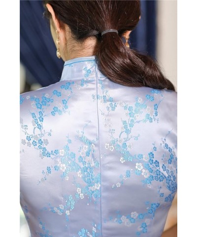 Short Sleeve Long Qipao Brocade Chinese Traditional Cheongsam Dress for Womens Plum Blossom Embroidery Sky Blue $14.28 Dresses