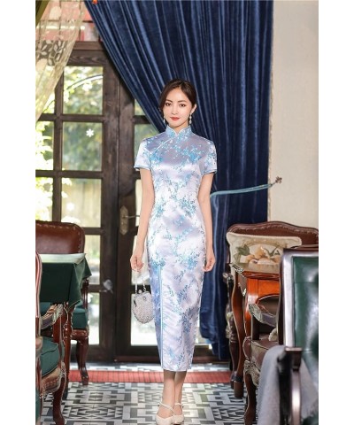 Short Sleeve Long Qipao Brocade Chinese Traditional Cheongsam Dress for Womens Plum Blossom Embroidery Sky Blue $14.28 Dresses