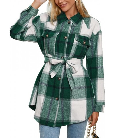 Womens Fashion 2023 Plaid Shacket Jacket Button Down Trench Coats Wool Blend Peacoat Belted Outwear with Pockets B Plaid Gree...