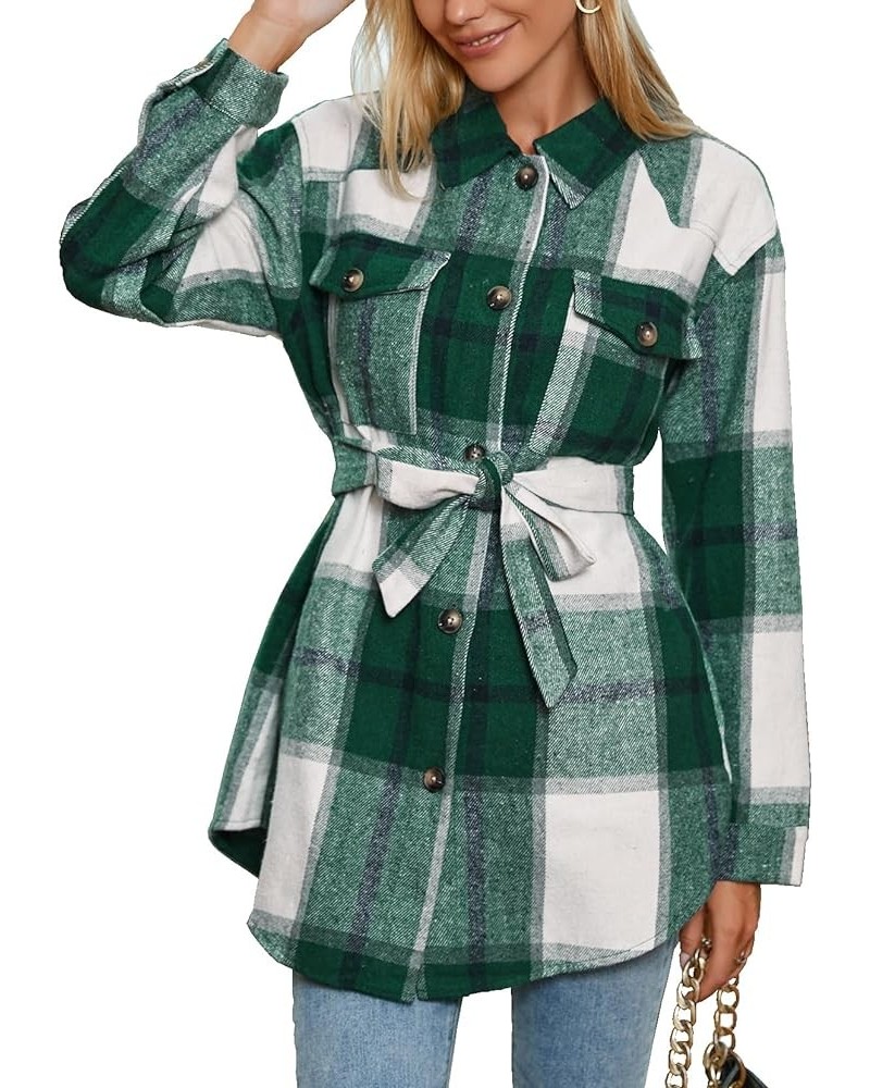 Womens Fashion 2023 Plaid Shacket Jacket Button Down Trench Coats Wool Blend Peacoat Belted Outwear with Pockets B Plaid Gree...