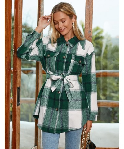 Womens Fashion 2023 Plaid Shacket Jacket Button Down Trench Coats Wool Blend Peacoat Belted Outwear with Pockets B Plaid Gree...