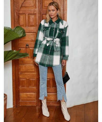 Womens Fashion 2023 Plaid Shacket Jacket Button Down Trench Coats Wool Blend Peacoat Belted Outwear with Pockets B Plaid Gree...