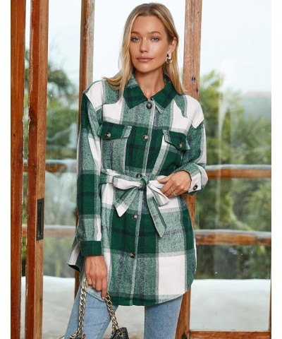 Womens Fashion 2023 Plaid Shacket Jacket Button Down Trench Coats Wool Blend Peacoat Belted Outwear with Pockets B Plaid Gree...