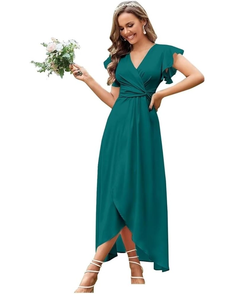 Flutter Sleeve Bridesmaid Dresses for Wedding Tea Length Chiffon Split Formal Dress with Pockets Teal $29.69 Dresses