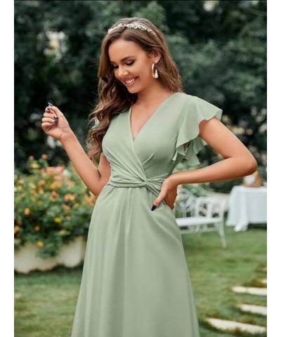 Flutter Sleeve Bridesmaid Dresses for Wedding Tea Length Chiffon Split Formal Dress with Pockets Teal $29.69 Dresses