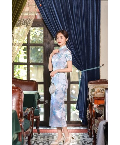 Short Sleeve Long Qipao Brocade Chinese Traditional Cheongsam Dress for Womens Plum Blossom Embroidery Sky Blue $14.28 Dresses