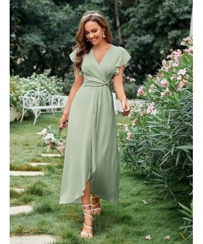 Flutter Sleeve Bridesmaid Dresses for Wedding Tea Length Chiffon Split Formal Dress with Pockets Teal $29.69 Dresses