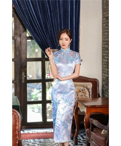 Short Sleeve Long Qipao Brocade Chinese Traditional Cheongsam Dress for Womens Plum Blossom Embroidery Sky Blue $14.28 Dresses