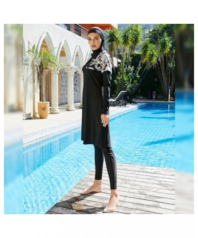 Muslim Swimsuits for Women Modest Swimwear Islamic Burkini Full Cover Hijab Top Pants Cap 3PCS Rash Guard Bathing Suit Black ...