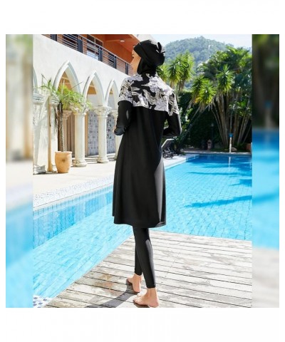 Muslim Swimsuits for Women Modest Swimwear Islamic Burkini Full Cover Hijab Top Pants Cap 3PCS Rash Guard Bathing Suit Black ...