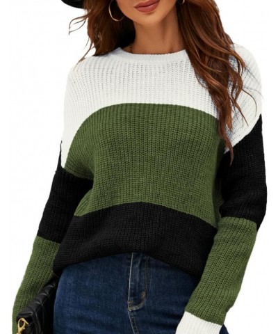 Women's Sweater Long Sleeve Fit Pullover Knit Crewneck Drop Shoulder Color Block White and Black Green $9.68 Sweaters