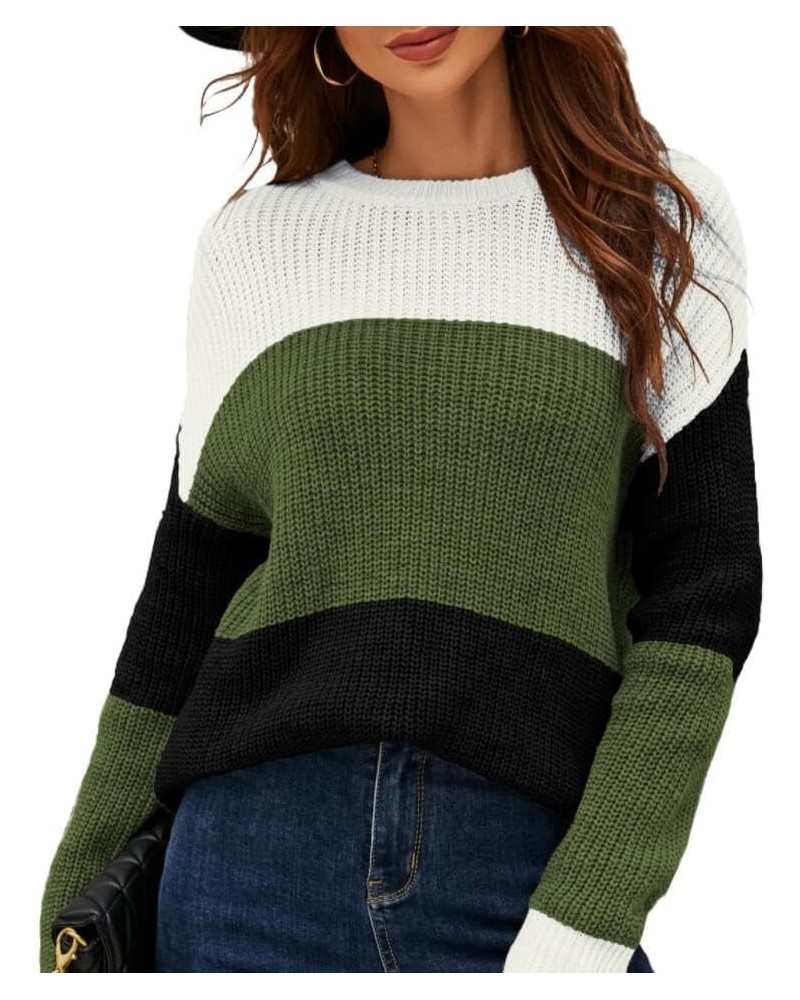 Women's Sweater Long Sleeve Fit Pullover Knit Crewneck Drop Shoulder Color Block White and Black Green $9.68 Sweaters