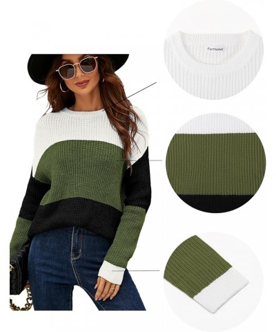 Women's Sweater Long Sleeve Fit Pullover Knit Crewneck Drop Shoulder Color Block White and Black Green $9.68 Sweaters