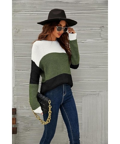 Women's Sweater Long Sleeve Fit Pullover Knit Crewneck Drop Shoulder Color Block White and Black Green $9.68 Sweaters