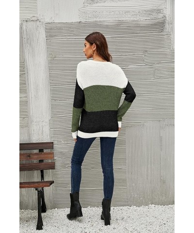 Women's Sweater Long Sleeve Fit Pullover Knit Crewneck Drop Shoulder Color Block White and Black Green $9.68 Sweaters