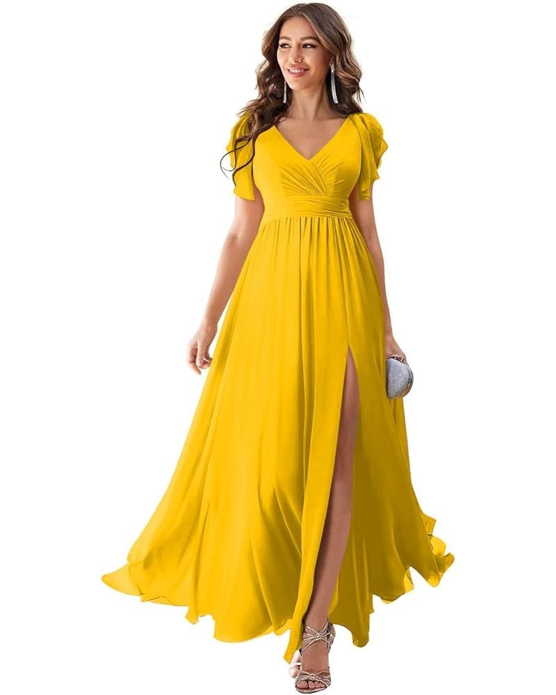 Women's Formal Dresses Long Ruffle Sleeve Chiffon V Neck Split Bridesmaid Dresses for Wedding Evening Flowy Gown Mustard Yell...