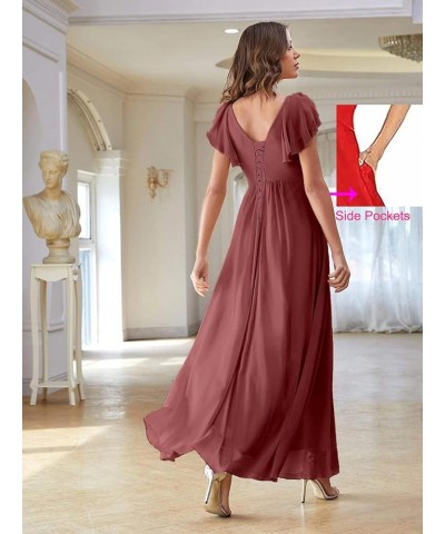 Women's Formal Dresses Long Ruffle Sleeve Chiffon V Neck Split Bridesmaid Dresses for Wedding Evening Flowy Gown Mustard Yell...