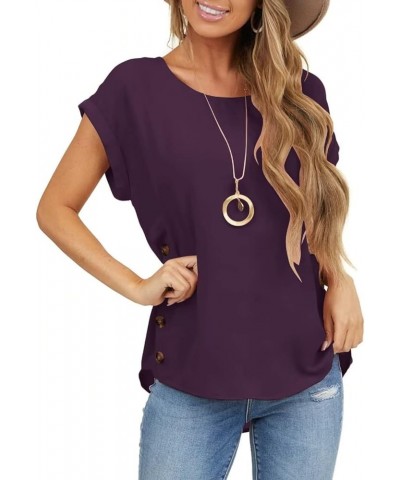 Women's Short Sleeve Tops Crew Neck Side Button Shirts Casual Loose Fit T-Shirt Dark Purple $11.99 T-Shirts