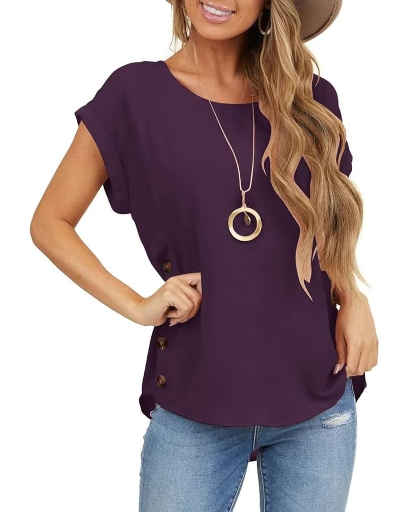 Women's Short Sleeve Tops Crew Neck Side Button Shirts Casual Loose Fit T-Shirt Dark Purple $11.99 T-Shirts