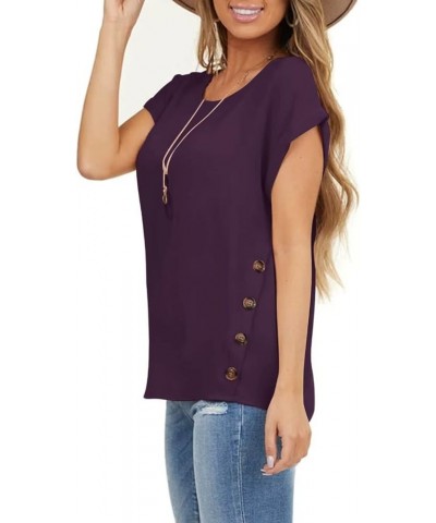 Women's Short Sleeve Tops Crew Neck Side Button Shirts Casual Loose Fit T-Shirt Dark Purple $11.99 T-Shirts