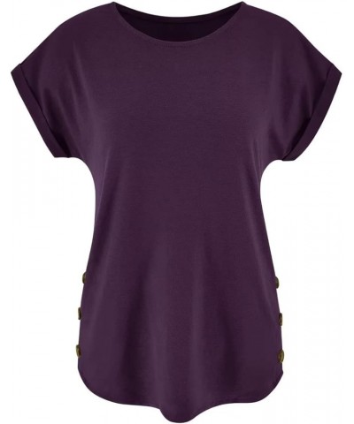 Women's Short Sleeve Tops Crew Neck Side Button Shirts Casual Loose Fit T-Shirt Dark Purple $11.99 T-Shirts