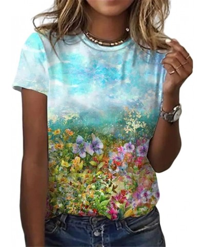 Womens Summer Casual Floral Tops Boho Flower Plant Print T Shirt Short Sleeve Crewneck Landscape Dandelion Tee 27 $14.35 T-Sh...