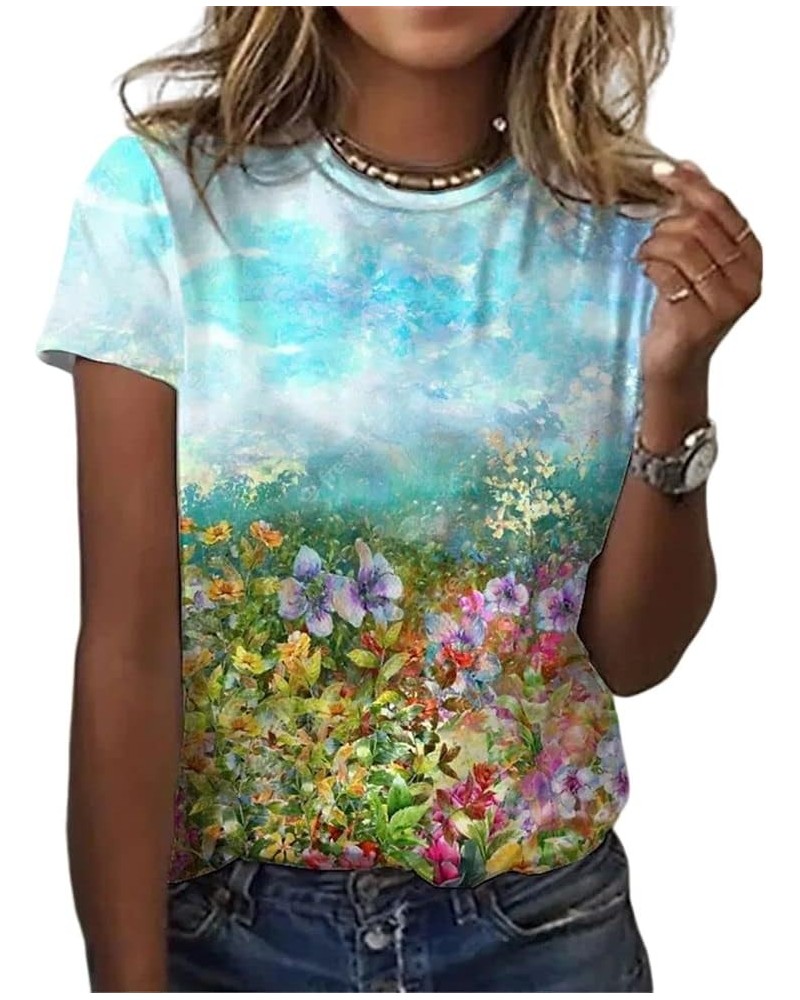 Womens Summer Casual Floral Tops Boho Flower Plant Print T Shirt Short Sleeve Crewneck Landscape Dandelion Tee 27 $14.35 T-Sh...