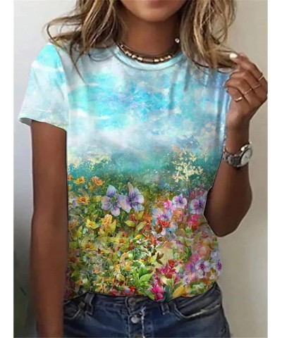 Womens Summer Casual Floral Tops Boho Flower Plant Print T Shirt Short Sleeve Crewneck Landscape Dandelion Tee 27 $14.35 T-Sh...