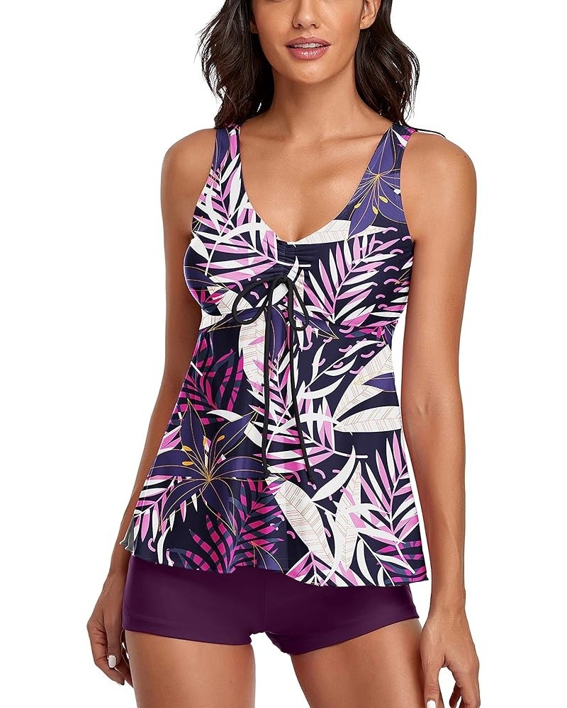 Tummy Control Tankini Bathing Suits for Women 2 Piece Swimsuits Tank Top with Boyshorts Purple Leaves $16.11 Swimsuits