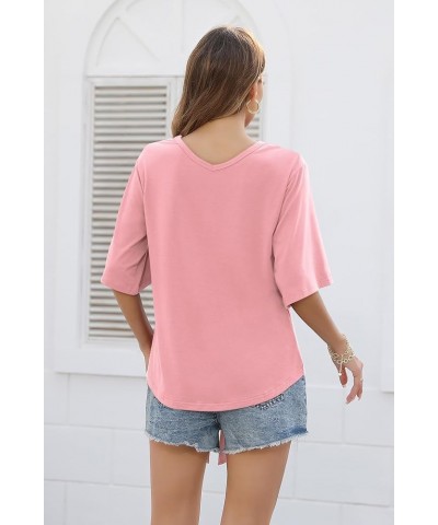 Women's Tie Front Tops Summer V Neck 3/4 Bell Sleeve Twist Knot Shirt Pink $12.18 Blouses