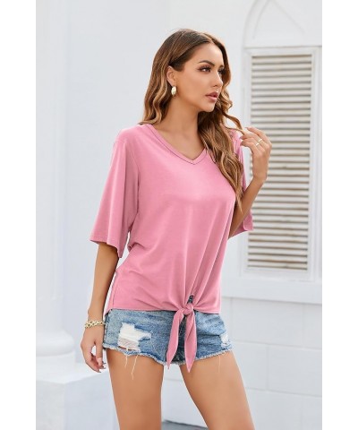 Women's Tie Front Tops Summer V Neck 3/4 Bell Sleeve Twist Knot Shirt Pink $12.18 Blouses