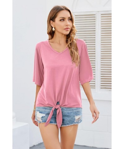 Women's Tie Front Tops Summer V Neck 3/4 Bell Sleeve Twist Knot Shirt Pink $12.18 Blouses